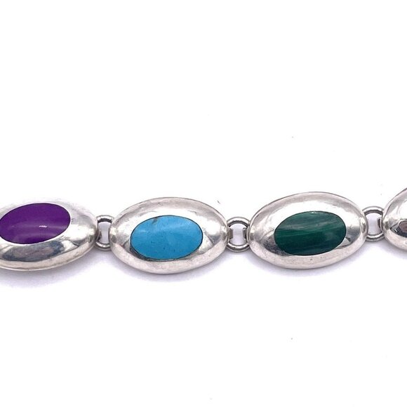Vintage Taxco Mexico 925 Sterling Silver Bracelet Oval Multi-Gemstone - Picture 5 of 8